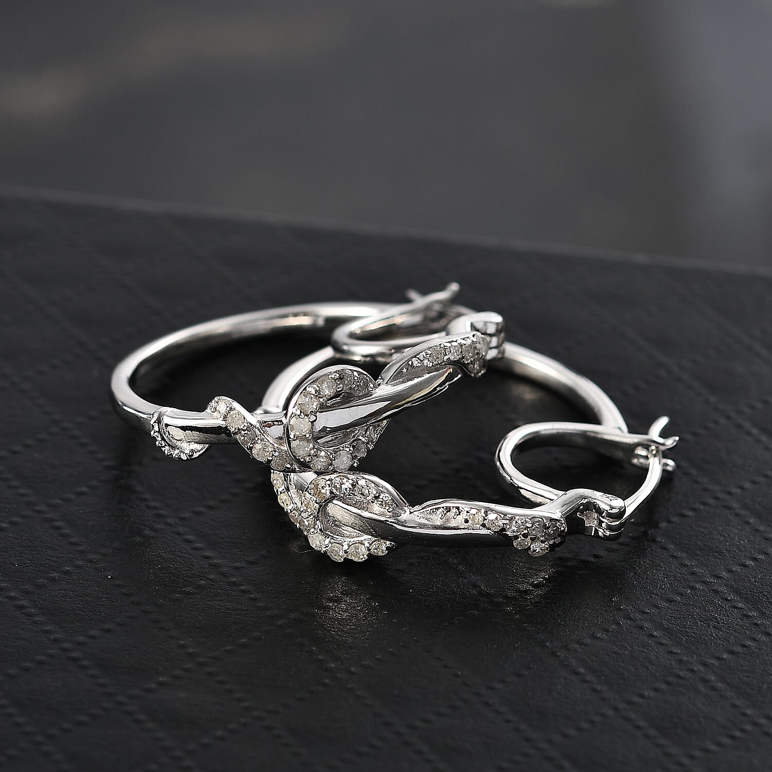 White Diamond, Black Diamond J Hoop Half Hoop Earring with Clasp in Rhodium Overlay Sterling Silver 0.50 Ct, Silver wt. 6.95 Gms. 8158959 2