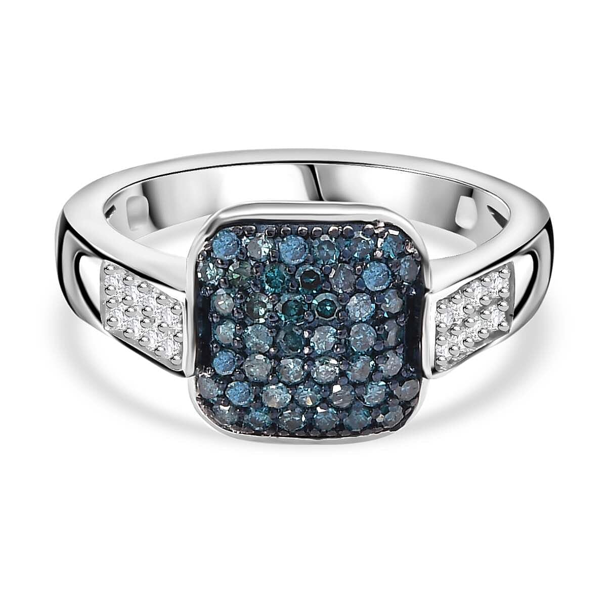 Close Out Deal-  Blue Diamond and White Diamond Cluster Ring in Rhodium Overlay Sterling Silver 0.50 ct 7897647 0