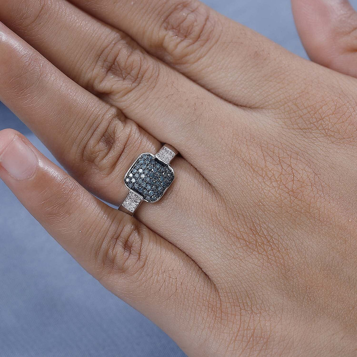 Close Out Deal-  Blue Diamond and White Diamond Cluster Ring in Rhodium Overlay Sterling Silver 0.50 ct 7897647 3