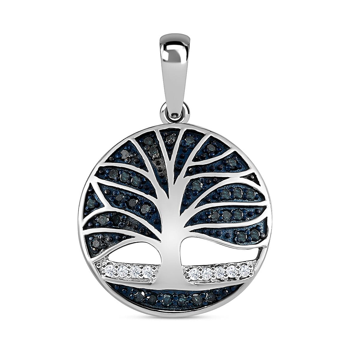 Designer Inspired White and Blue Diamond Tree of Life Pendant in Platinum Overlay Sterling Silver 0.25 Ct 7556570 0