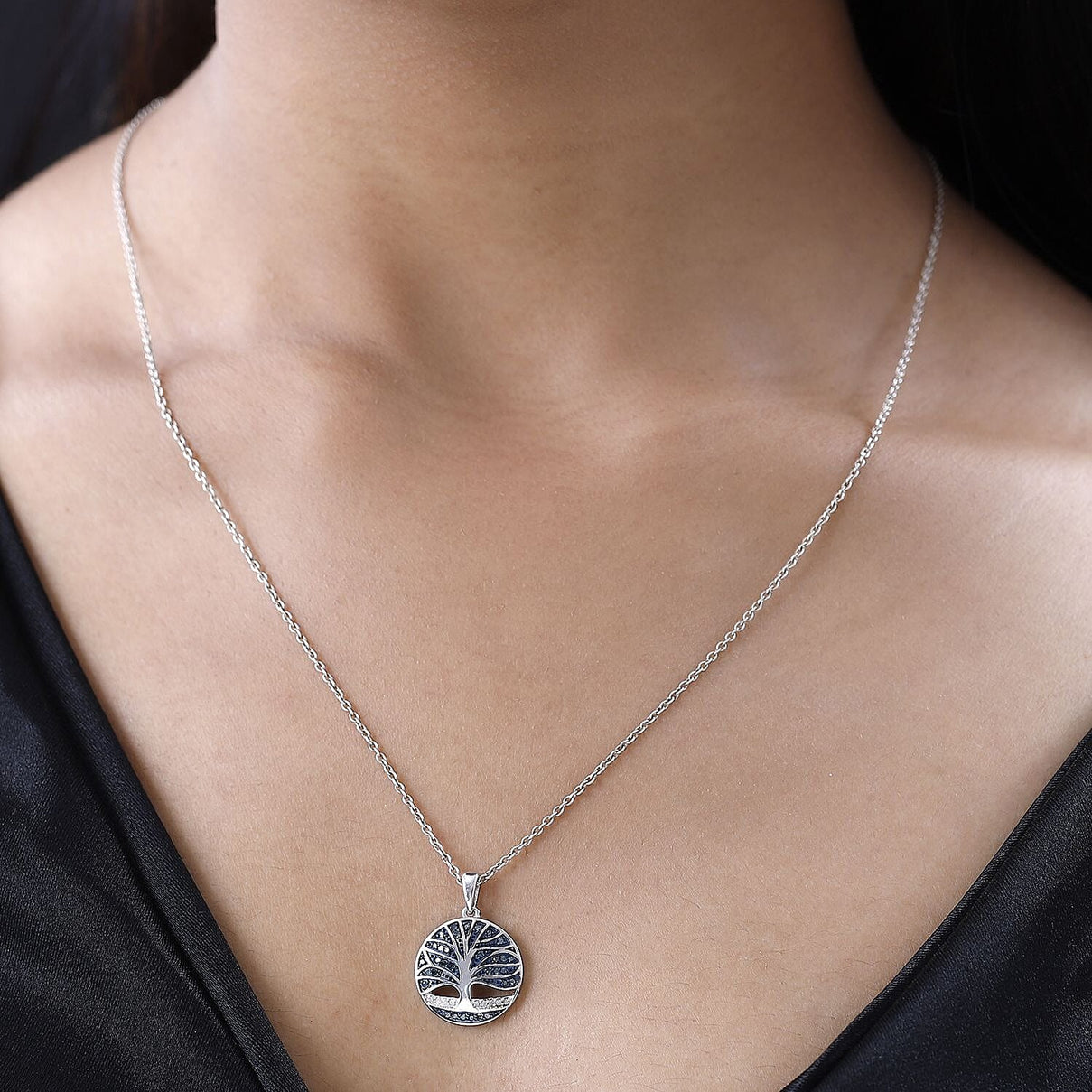 Designer Inspired White and Blue Diamond Tree of Life Pendant in Platinum Overlay Sterling Silver 0.25 Ct 7556570 1