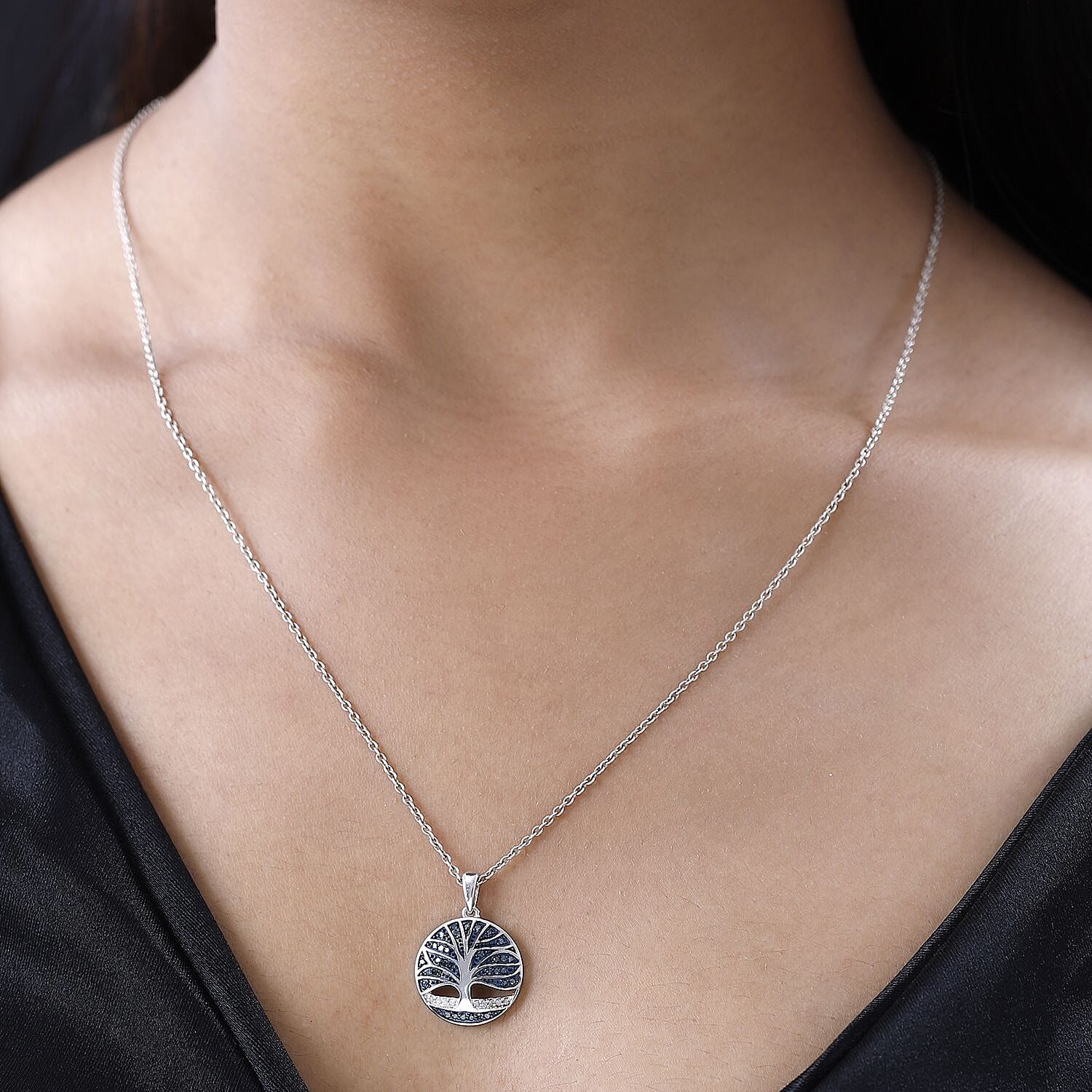 Designer Inspired White and Blue Diamond Tree of Life Pendant in Platinum Overlay Sterling Silver 0.25 Ct 7556570 1