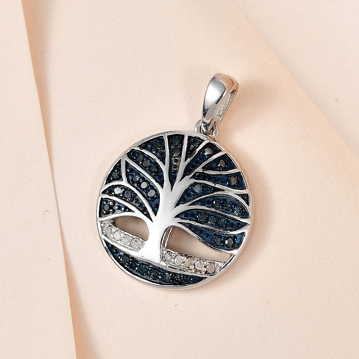Designer Inspired White and Blue Diamond Tree of Life Pendant in Platinum Overlay Sterling Silver 0.25 Ct 7556570 2
