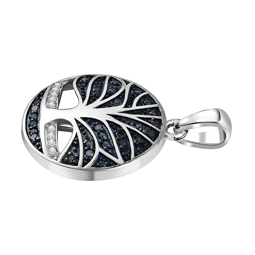 Designer Inspired White and Blue Diamond Tree of Life Pendant in Platinum Overlay Sterling Silver 0.25 Ct