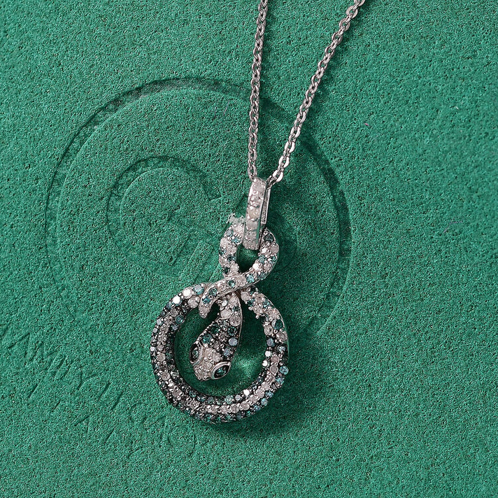 GP Serpentine Collection - White Diamond, Blue Diamond Pendant with Chain (Size 20) in Rhodium Overlay Sterling Silver 0.57 Ct. 4395235 2