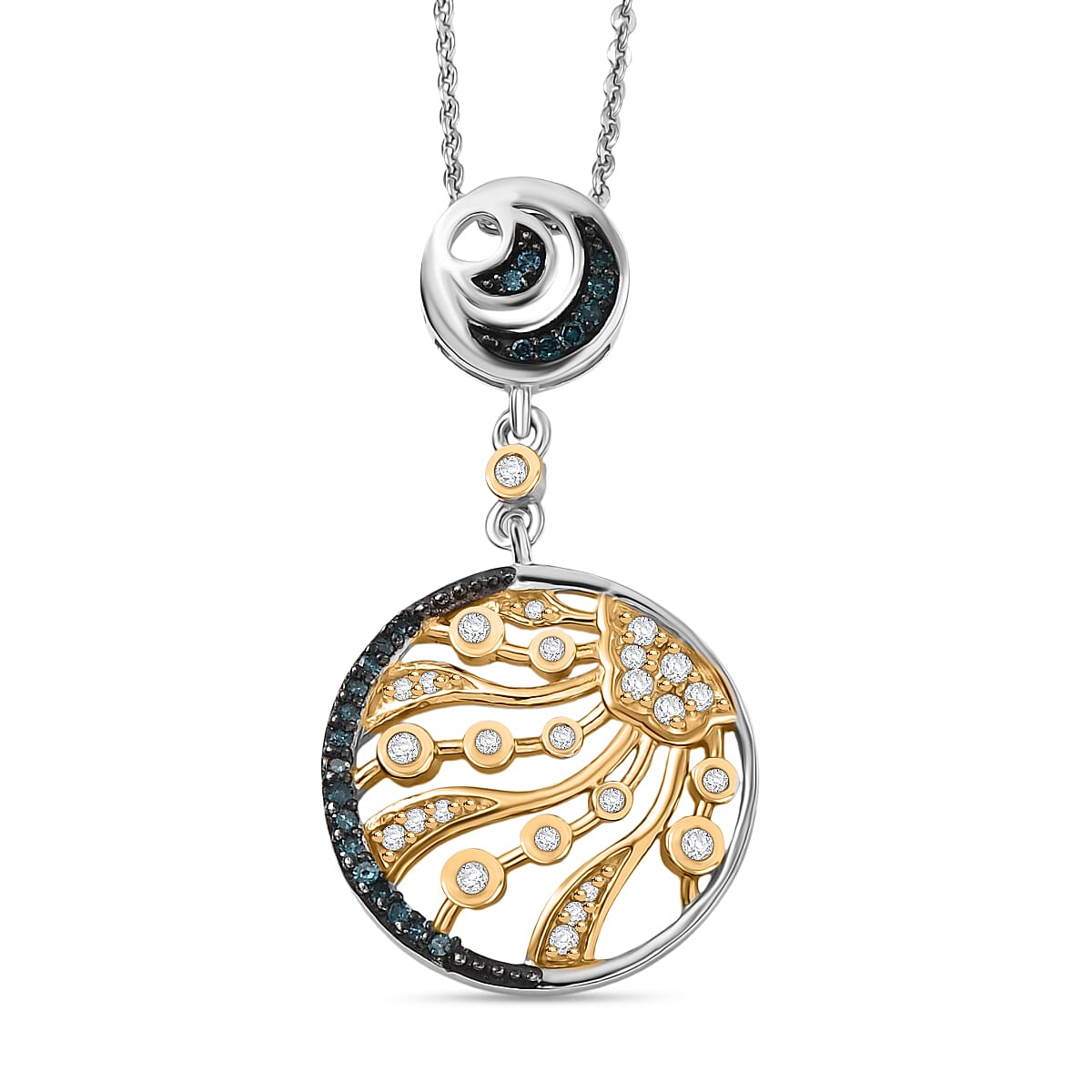 GP Celestial Dream Collection - Multi Colour Diamond &amp; Kanchanaburi Blue Sapphire Pendant with Chain (Size 20) in 18K Vermeil Yellow Gold Plated Rhodium Overlay Sterling Silver 4413632 0