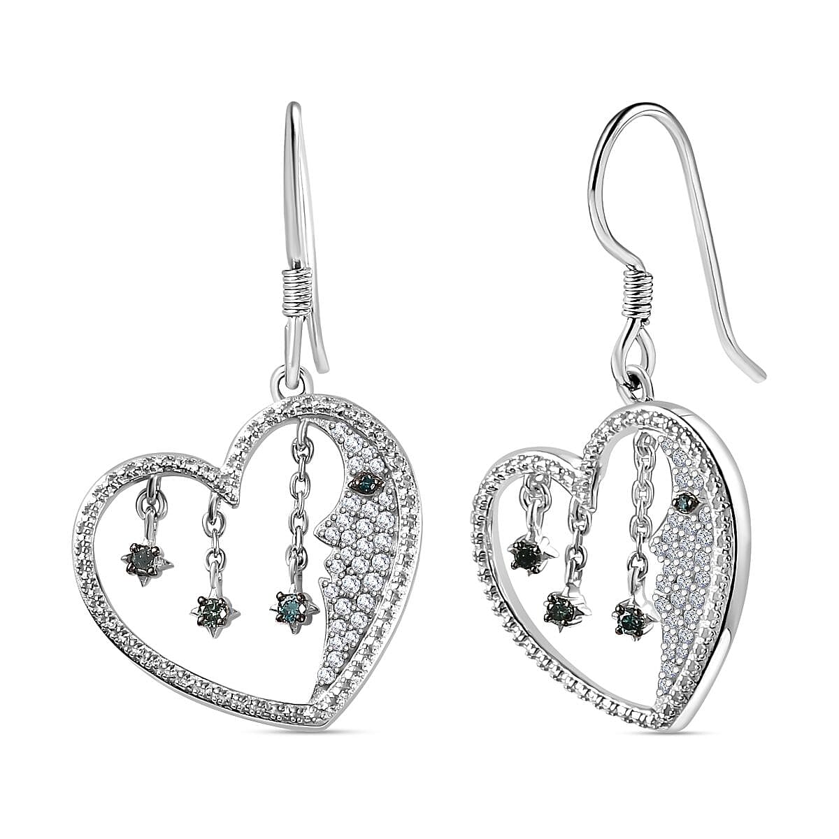 GP White Diamond, Blue Sapphire, Blue Diamond Heart Lever Back Earring in Rhodium Overlay Sterling Silver 7787979 0