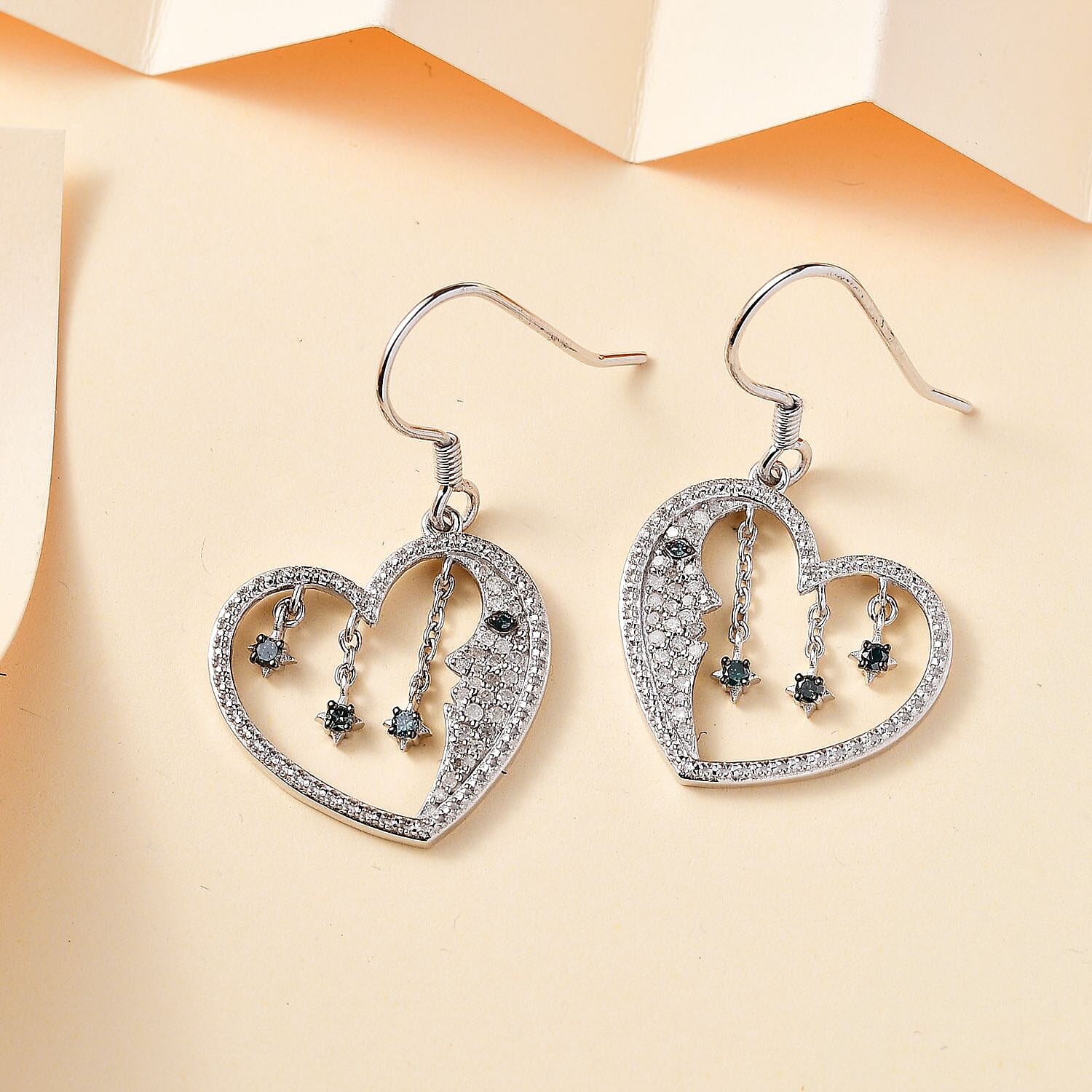 GP White Diamond, Blue Sapphire, Blue Diamond Heart Lever Back Earring in Rhodium Overlay Sterling Silver 7787979 2