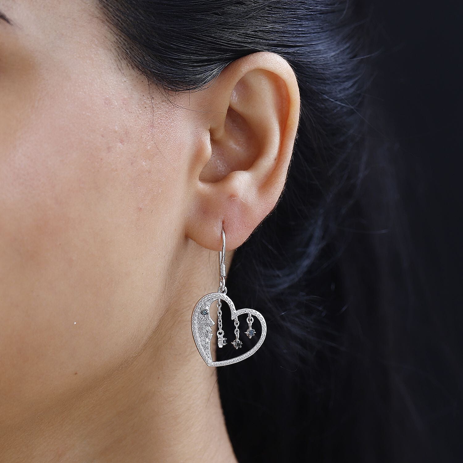 GP White Diamond, Blue Sapphire, Blue Diamond Heart Lever Back Earring in Rhodium Overlay Sterling Silver 7787979 3