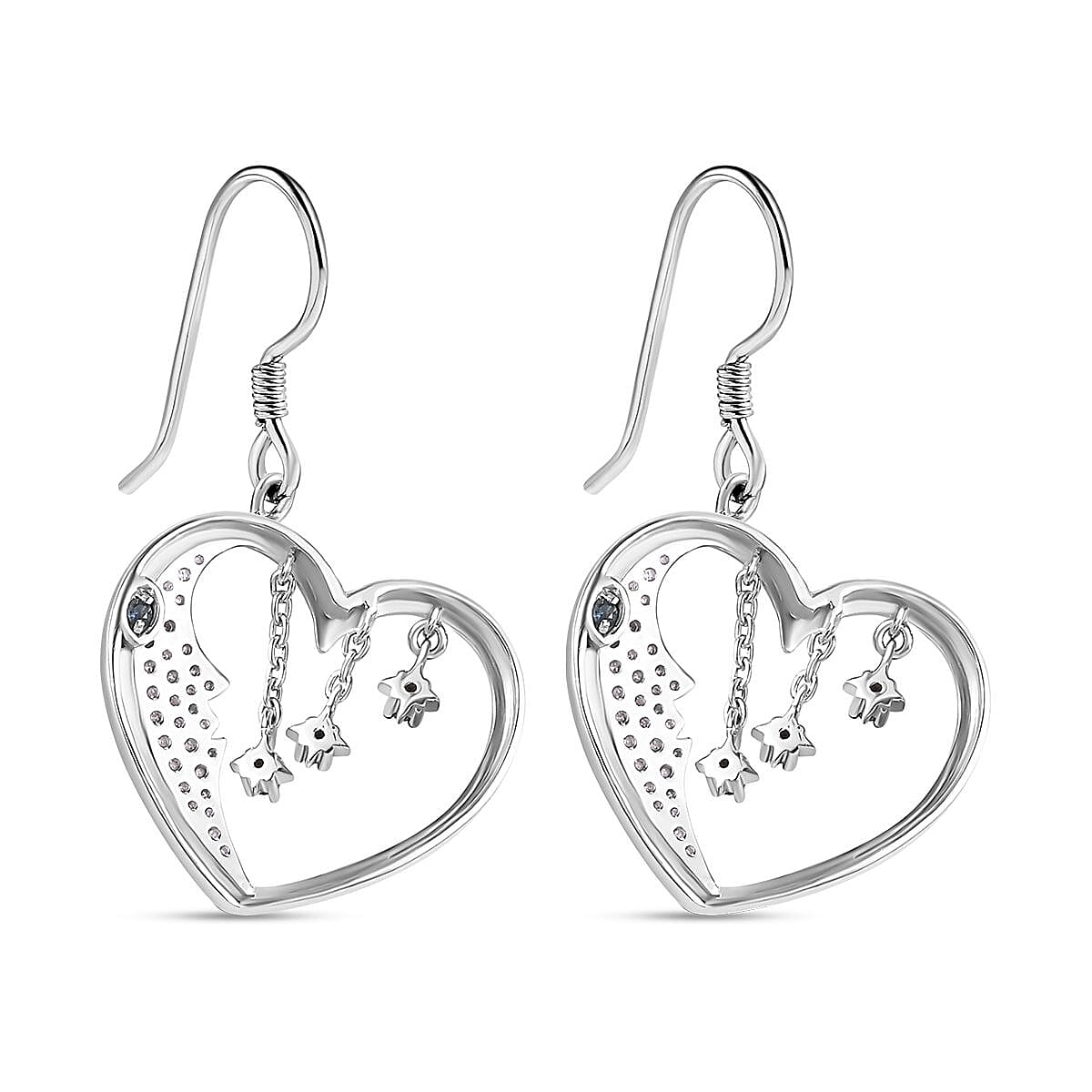 GP White Diamond, Blue Sapphire, Blue Diamond Heart Lever Back Earring in Rhodium Overlay Sterling Silver 7787979 6