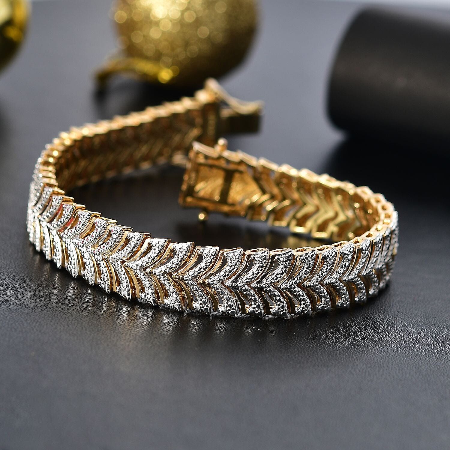 White Diamond Bracelet (Size - 7.5) with Lock Box in Yellow Gold Flash &amp; Silver Plating 8018067 1