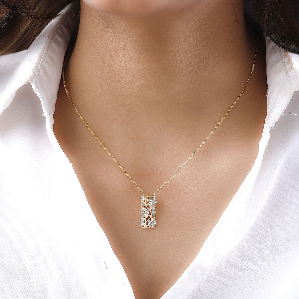 Diamond Leafy Vine Pendant with Chain (Size 20) in Sterling Silver with Platium and 18K Vermeil Yellow Gold 4138666 2