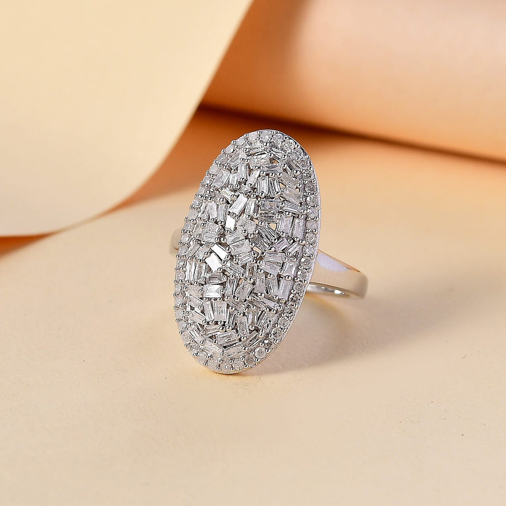 Natural White Diamond Firecracker Cluster Ring in Rhodium Overlay Sterling Silver 1.00 Ct, Silver Wt. 5.20 Gms