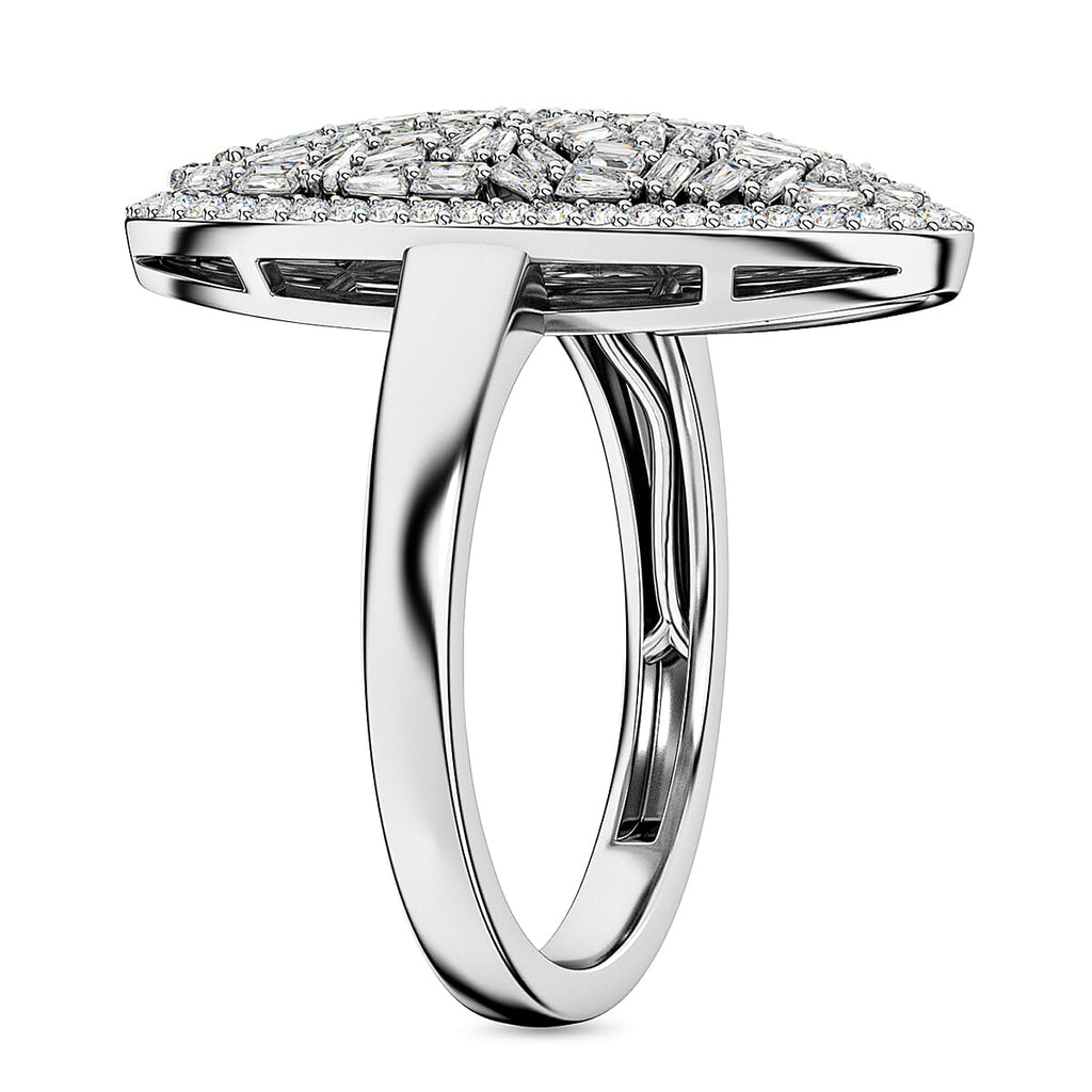 Natural White Diamond Firecracker Cluster Ring in Rhodium Overlay Sterling Silver 1.00 Ct, Silver Wt. 5.20 Gms