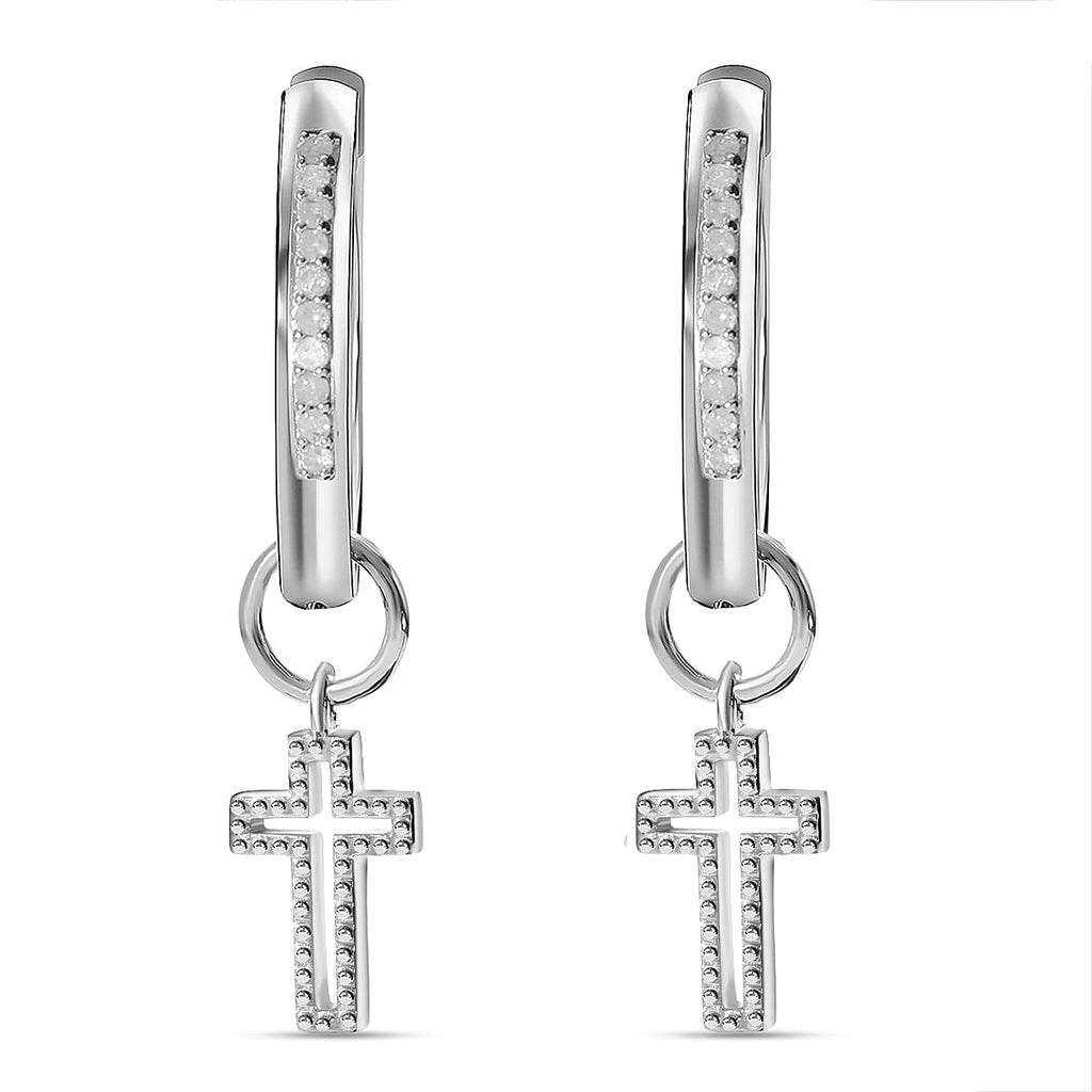 Diamond Cross Hoop Earrings in Platinum Overlay Sterling Silver 0.10 Ct