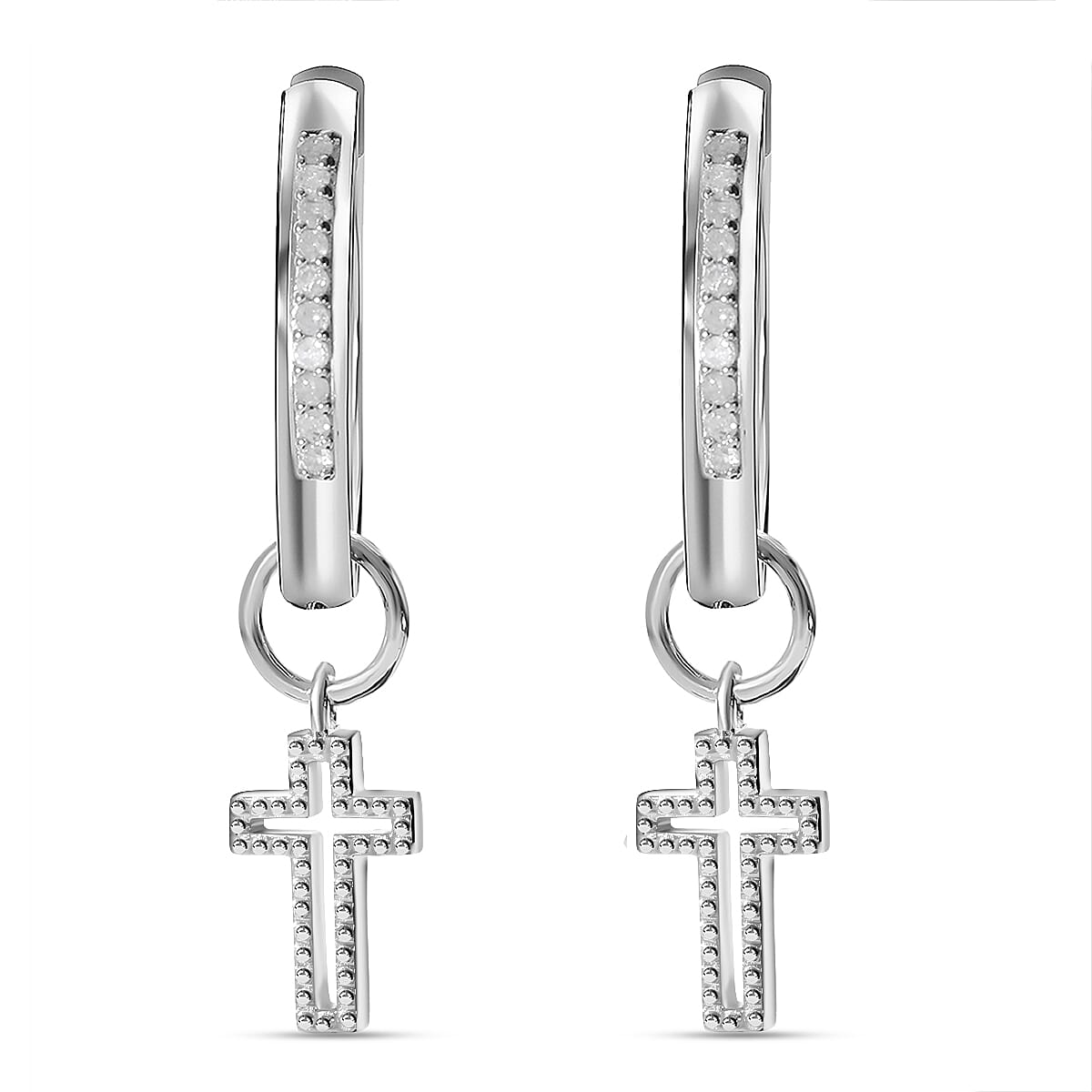 White Diamond Hoop Earring With Cross Charm in Platinum Overlay Sterling Silver 0.10 ct 0.100 Ct. 7631295 0