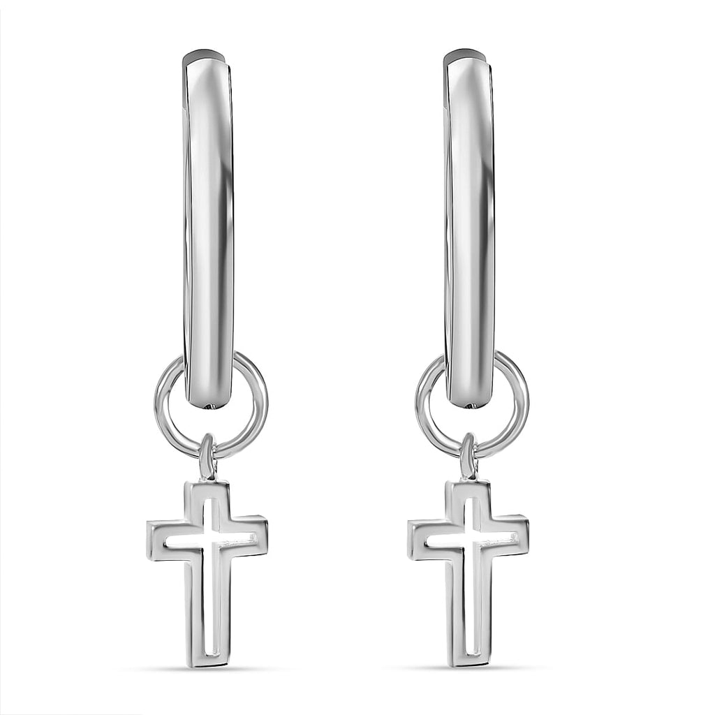 Diamond Cross Hoop Earrings in Platinum Overlay Sterling Silver 0.10 Ct
