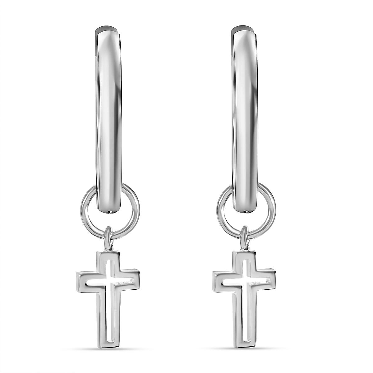 White Diamond Hoop Earring With Cross Charm in Platinum Overlay Sterling Silver 0.10 ct 0.100 Ct. 7631295 1