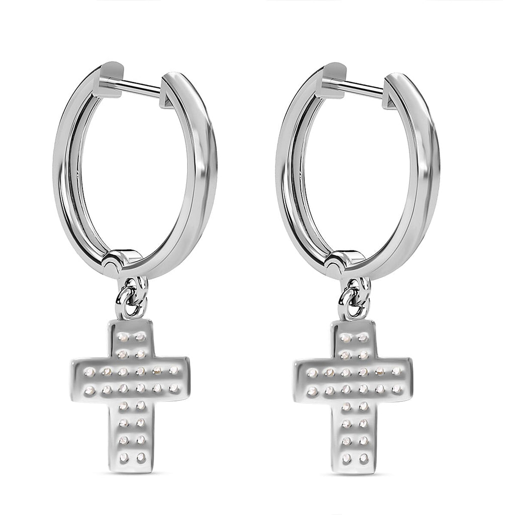 Diamond Cross Hoop Earrings in Platinum Overlay Sterling Silver 0.25 Ct