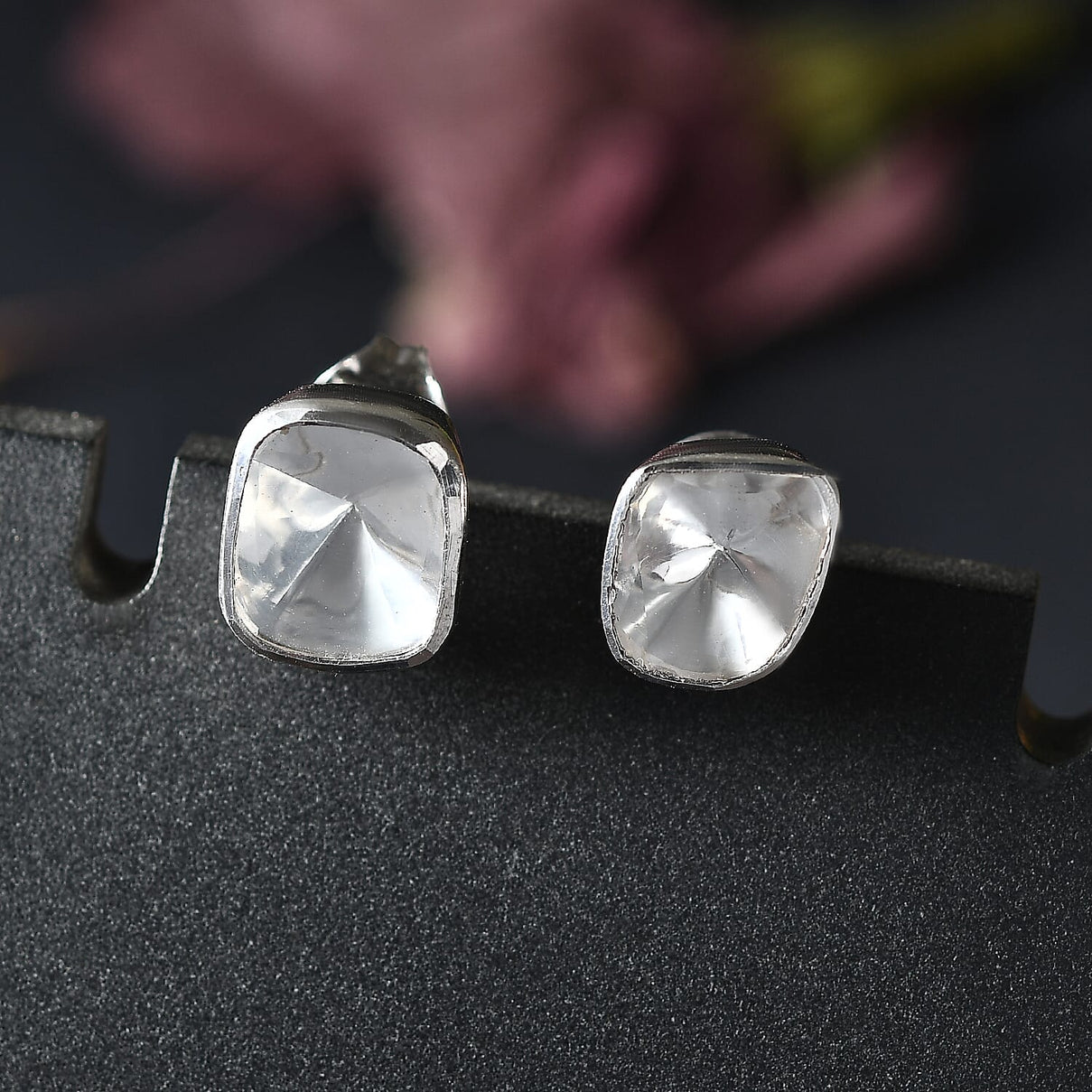 Polki Diamond Earrings with Push Back in Rhodium Overlay Sterling Silver 1.00 Ct. 8163991 2