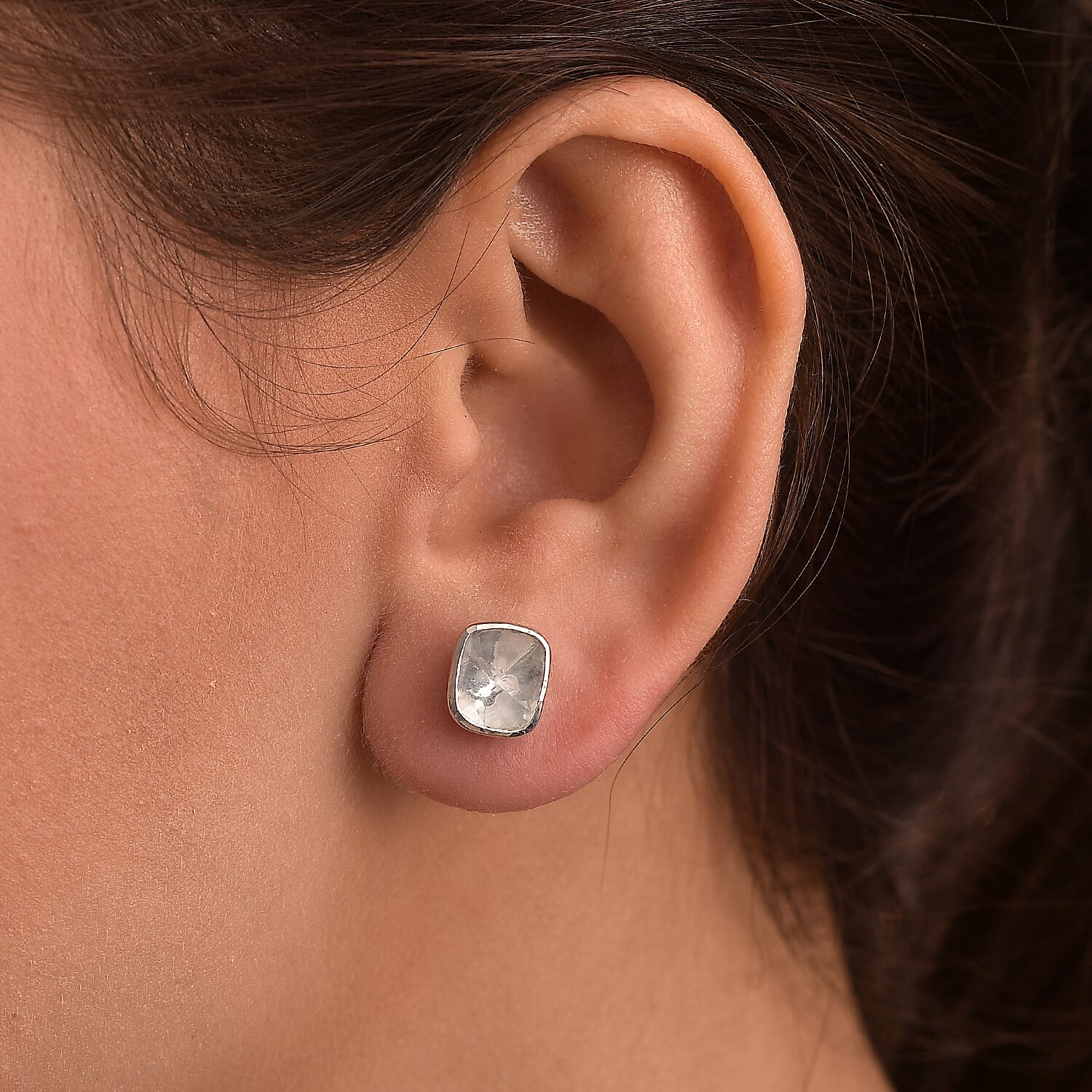 Polki Diamond Earrings with Push Back in Rhodium Overlay Sterling Silver 1.00 Ct. 8163991 3