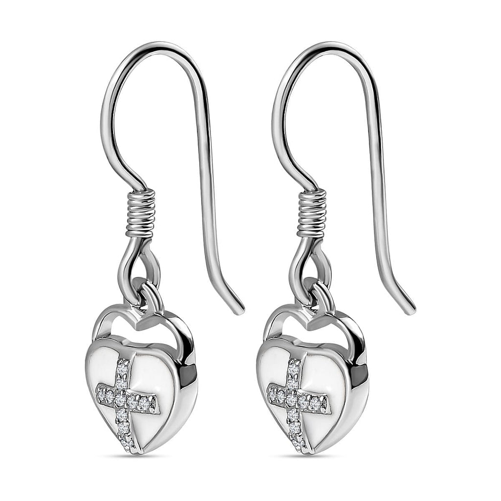 Diamond Cross Heart Earrings in Platinum Overlay Sterling Silver
