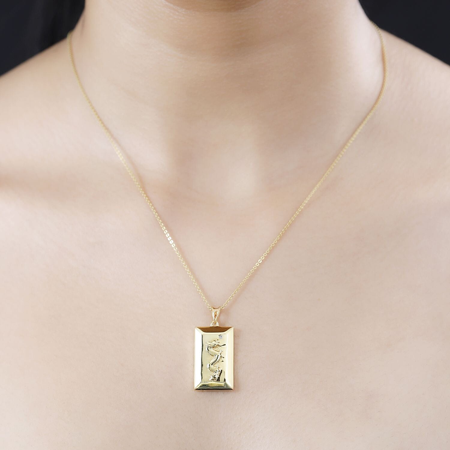 Yellow Gold Overlay Sterling Silver Diamond Dragon Embossed Ingot Bar Pendant 7807141 2