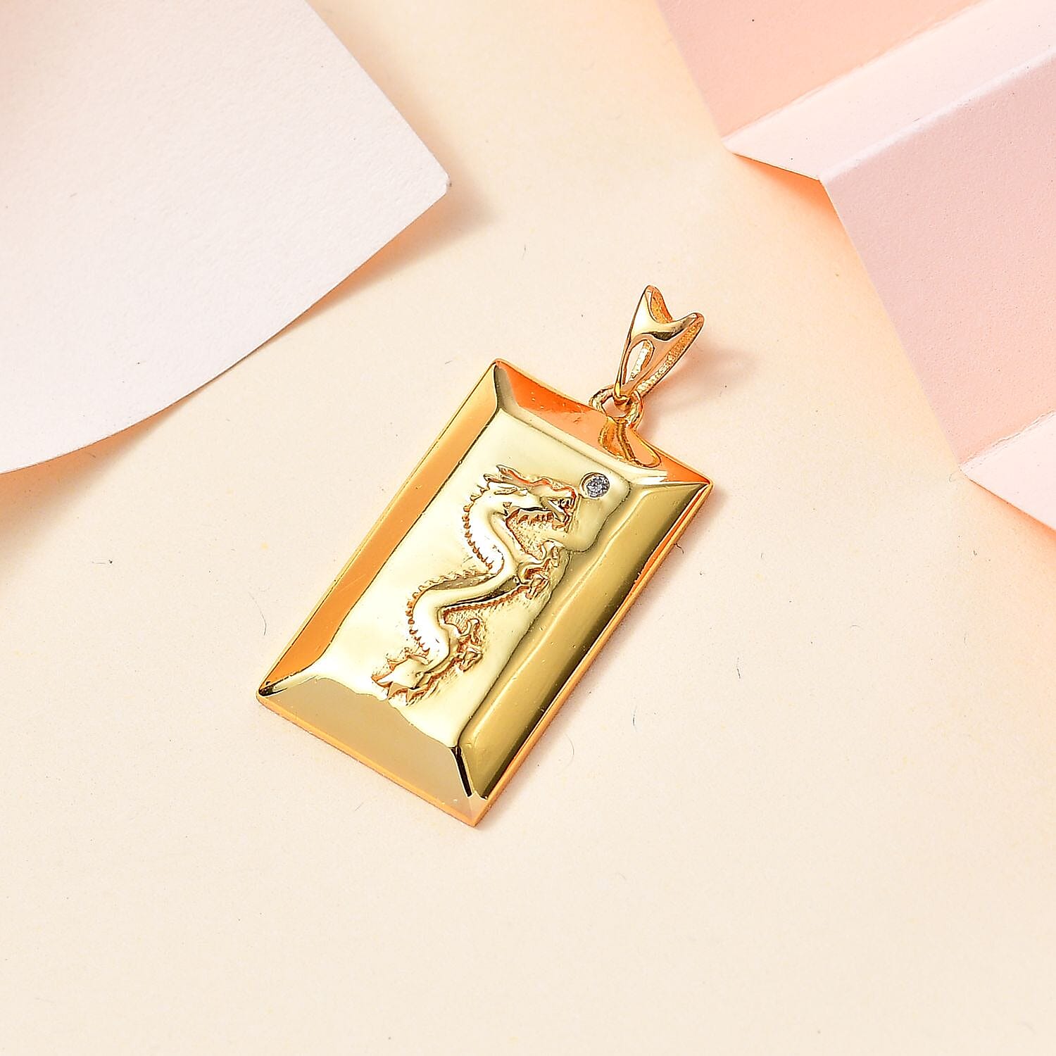 Yellow Gold Overlay Sterling Silver Diamond Dragon Embossed Ingot Bar Pendant 7807141 3