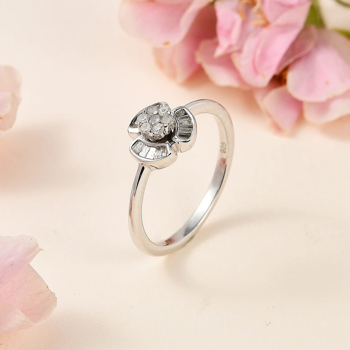 Designer Inspired - Diamond Floral Ring in Platinum Overlay Sterling Silver 0.25 Ct. 7726489 2