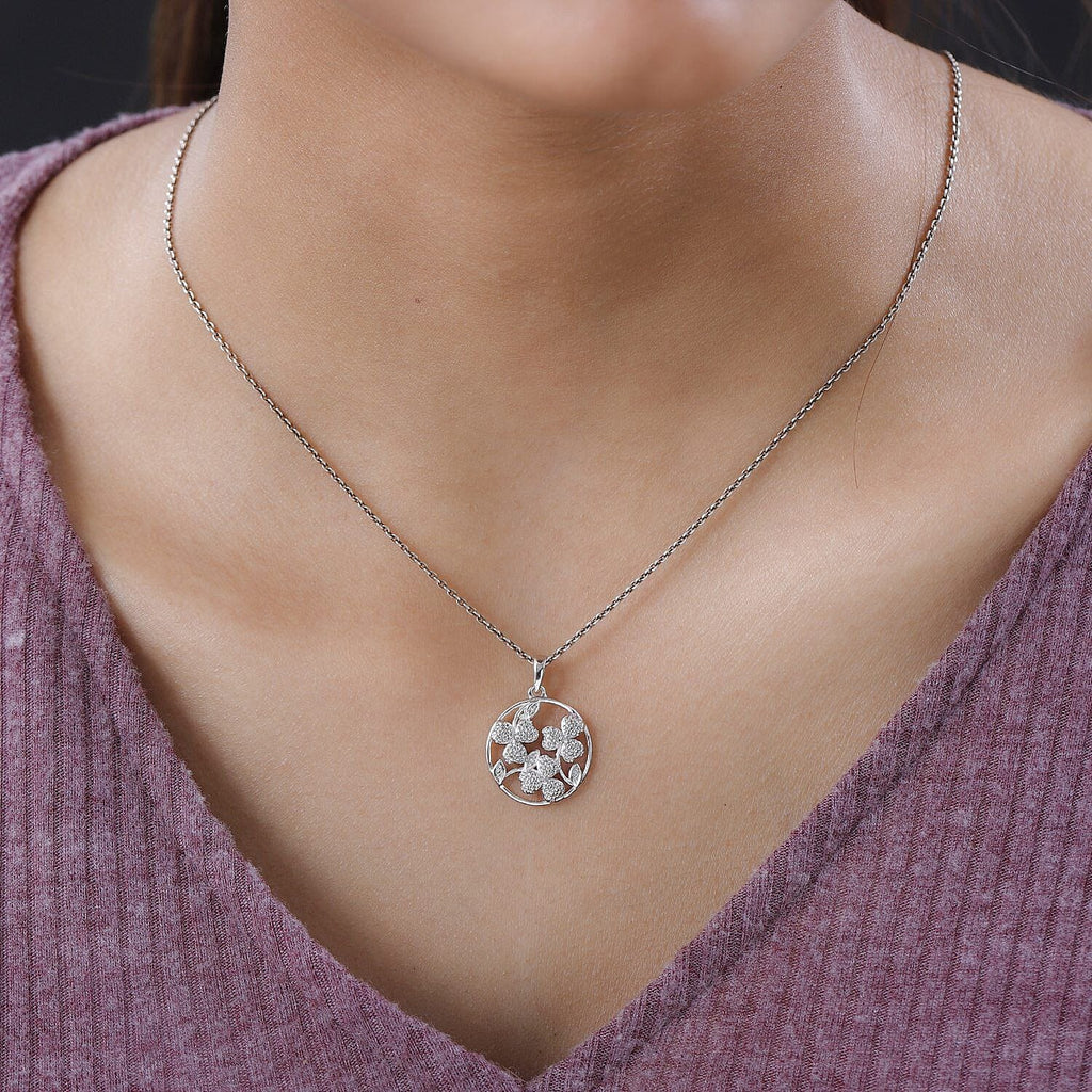 Diamond Floral Pendant in Platinum Overlay Sterling Silver