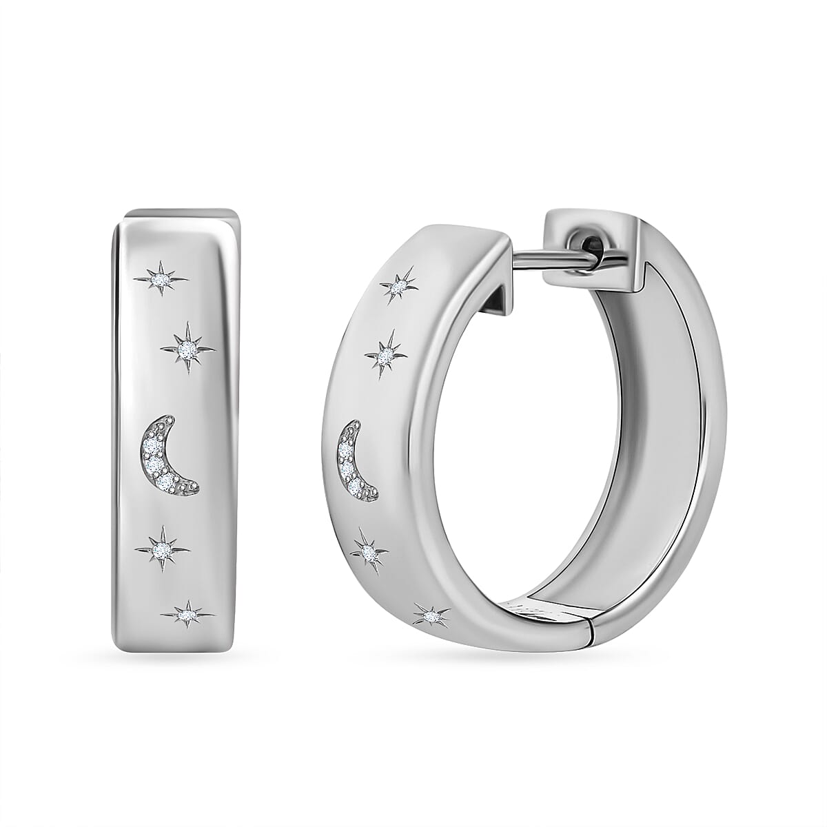 Diamond Moon &amp; Star Hoop Earrings in Platinum Overlay Sterling Silver, Silver Wt 7.80 GM 7647616 0