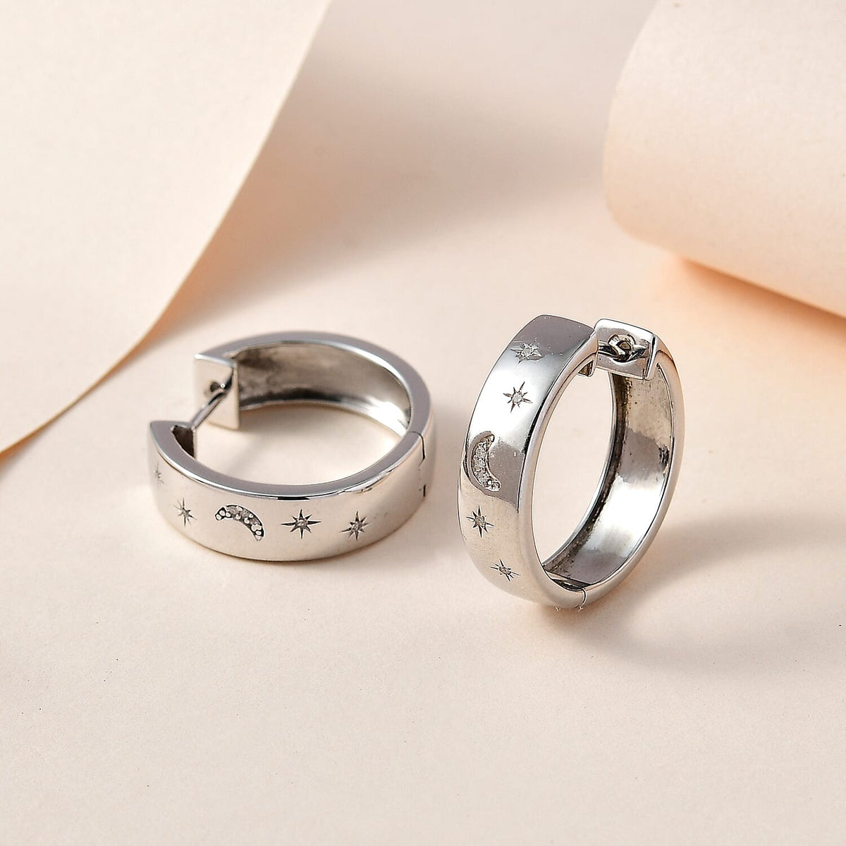 Diamond Moon &amp; Star Hoop Earrings in Platinum Overlay Sterling Silver, Silver Wt 7.80 GM 7647616 2