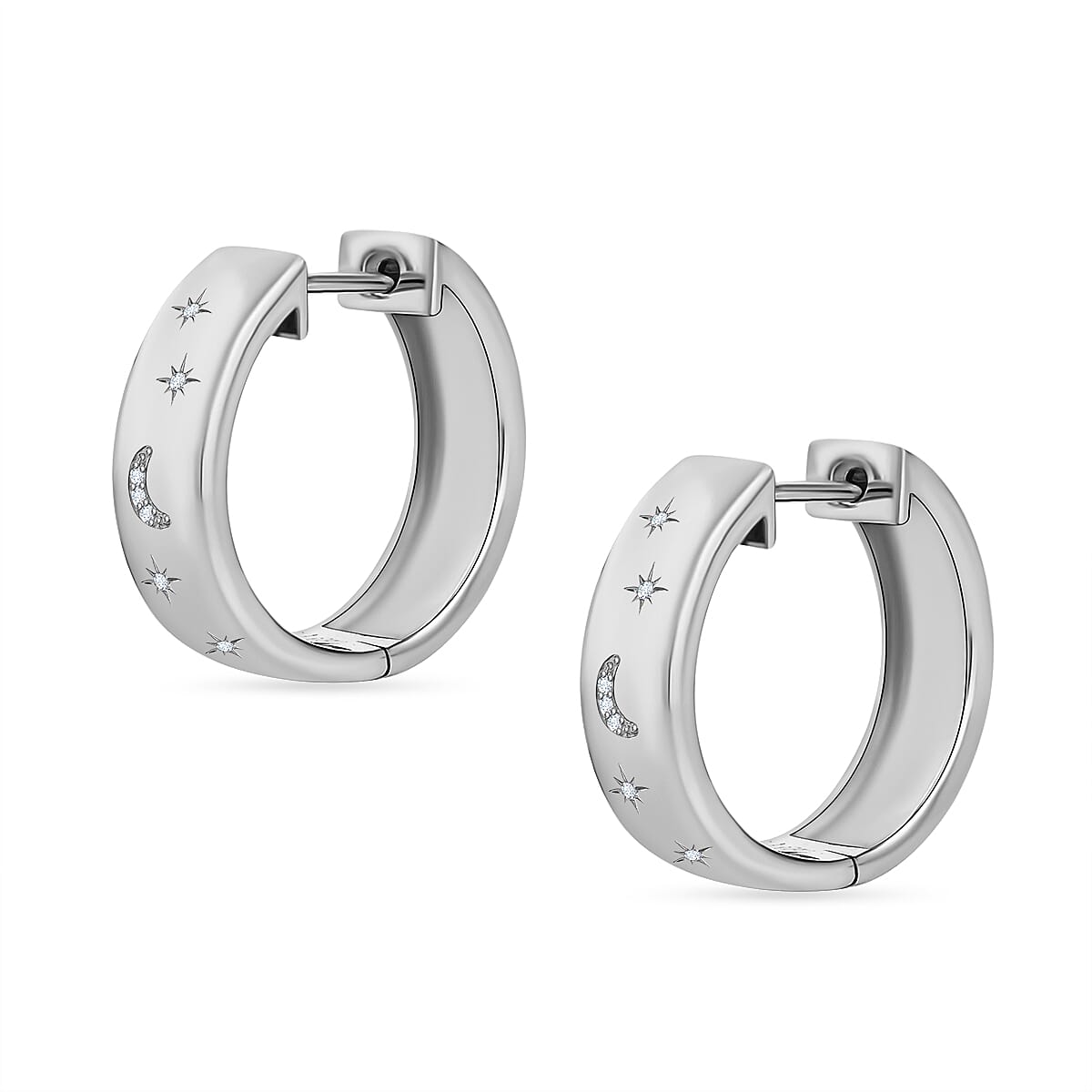 Diamond Moon &amp; Star Hoop Earrings in Platinum Overlay Sterling Silver, Silver Wt 7.80 GM 7647616 4