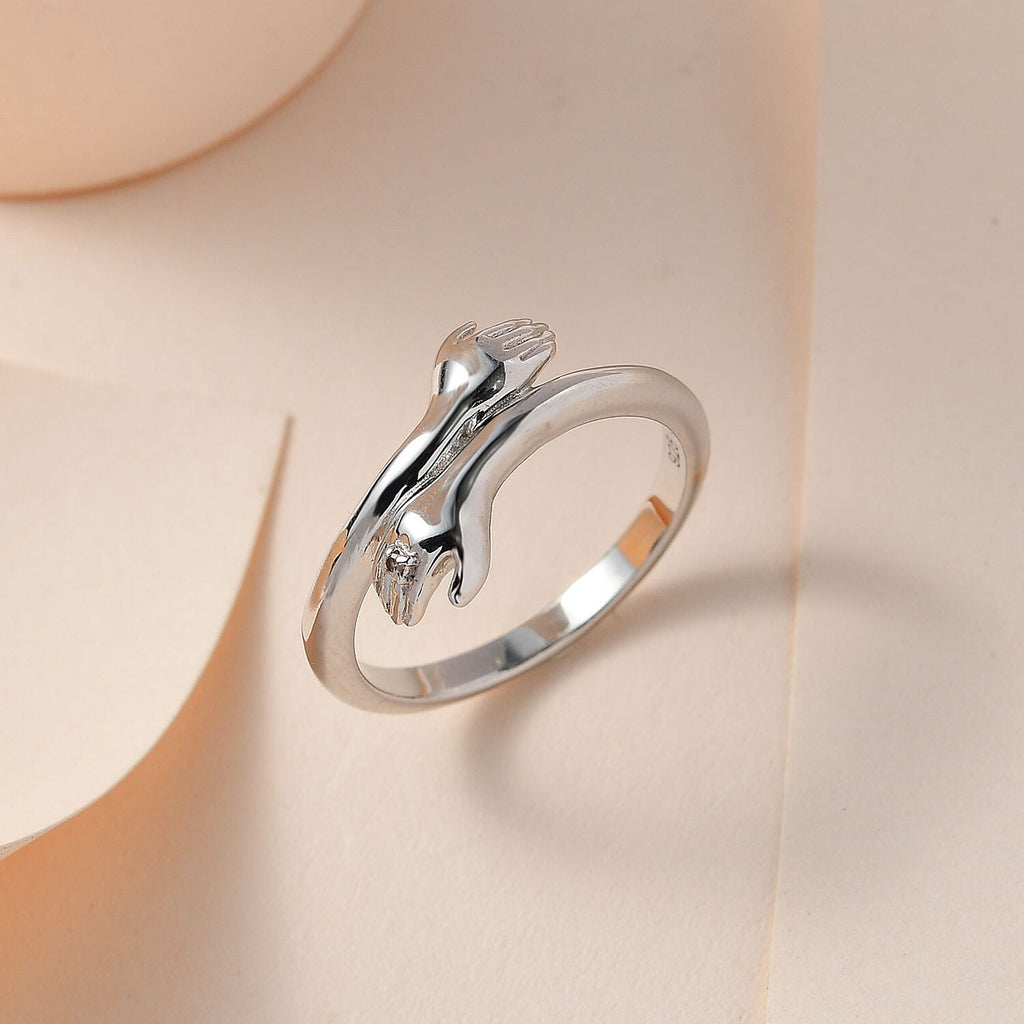 Diamond Hand Bypass Ring in Platinum Overlay Sterling Silver