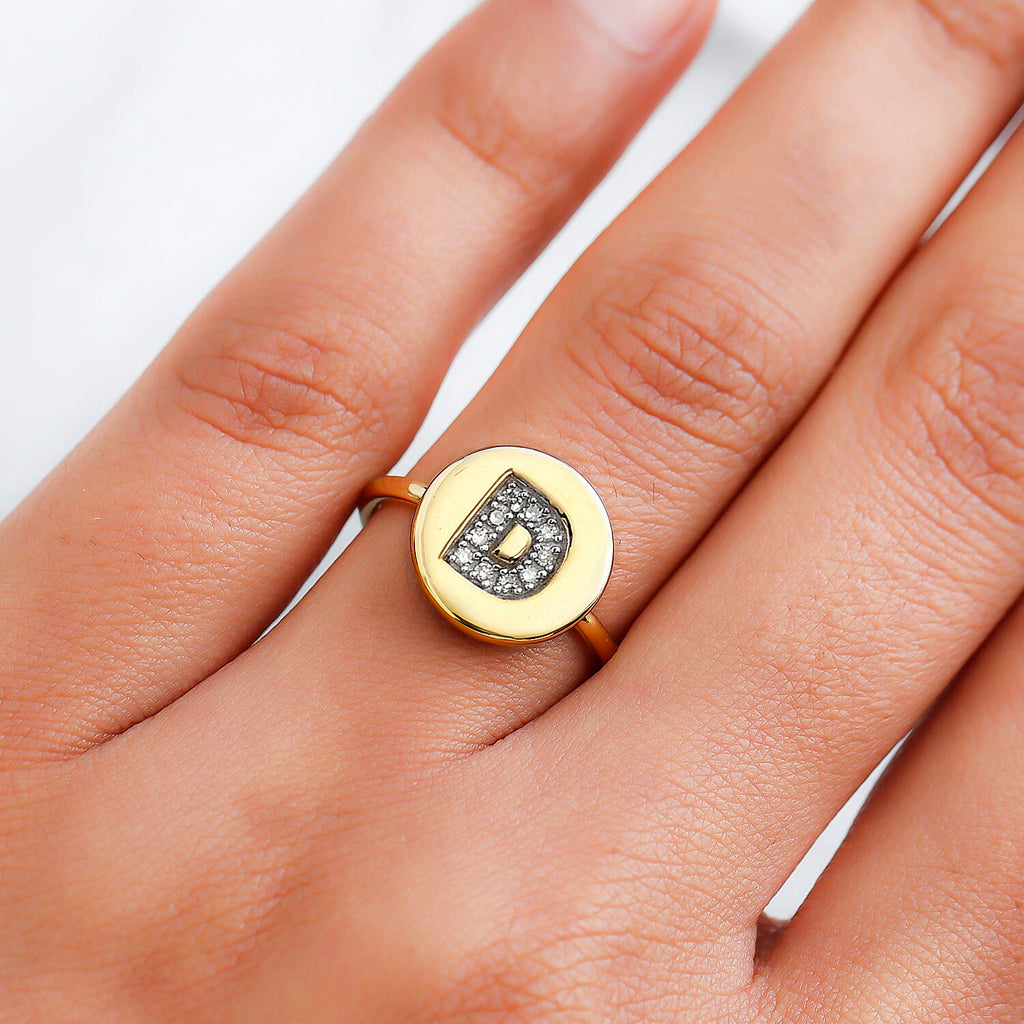 White Diamond Initial-D Ring in 14K Gold Overlay Sterling Silver