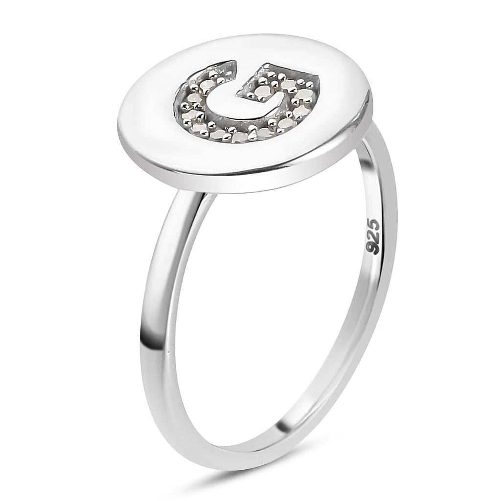 White Diamond Initial-G Ring in Platinum Overlay Sterling Silver