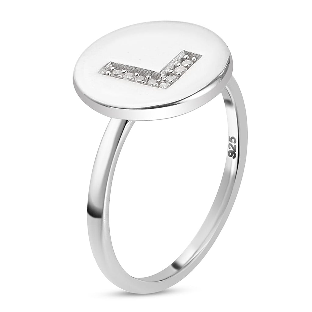 White Diamond Initial-L Ring in Platinum Overlay Sterling Silver