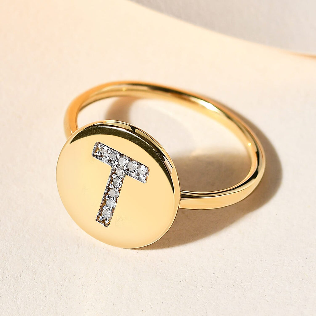 White Diamond Initial-T Ring in 14K Gold Overlay Sterling Silver