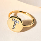 White Diamond Initial-T Ring in 14K Gold Overlay Sterling Silver
