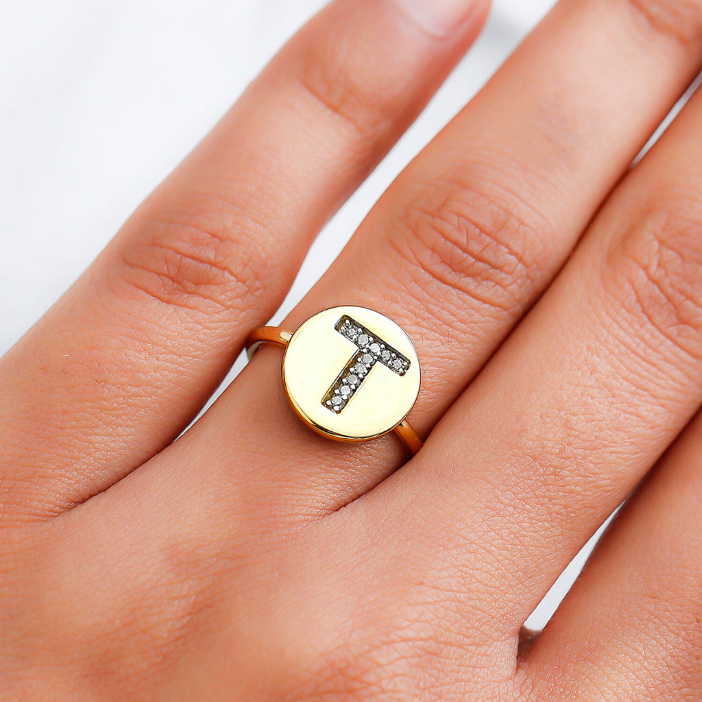 White Diamond Initial-T Ring in 14K Gold Overlay Sterling Silver