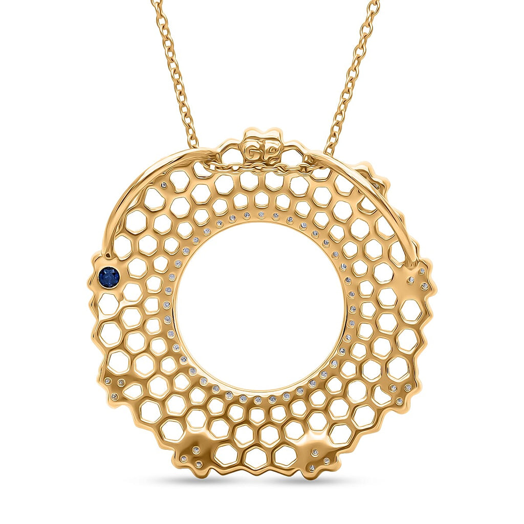 GP - White Diamond & Blue Sapphire Pendant with Chain (Size 20) in 18K Vermeil Yellow Gold Plated Sterling Silver 0.27 Ct.