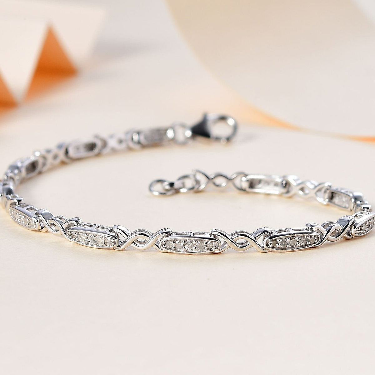 White Diamond  Linking Bracelet (Size - 7.5) in Platinum Overlay Sterling Silver,  Silver Wt. 8 Gms  0.990  Ct. 7768115 2