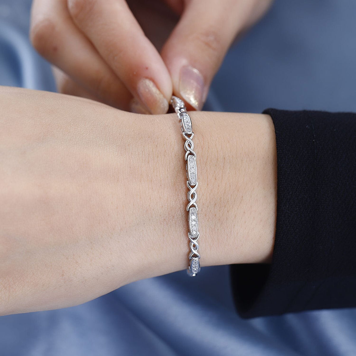 White Diamond  Linking Bracelet (Size - 7.5) in Platinum Overlay Sterling Silver,  Silver Wt. 8 Gms  0.990  Ct. 7768115 3