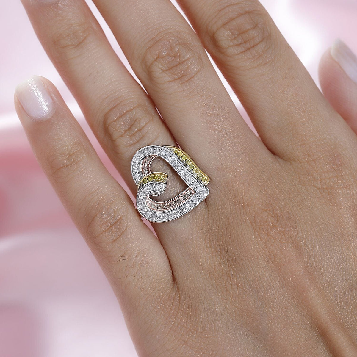 GP Amore Collection - White and Yellow Diamond Heart Ring in 18K Yellow, Rose Gold Vermeil and Platinum Plated Sterling Silver 7746670 2