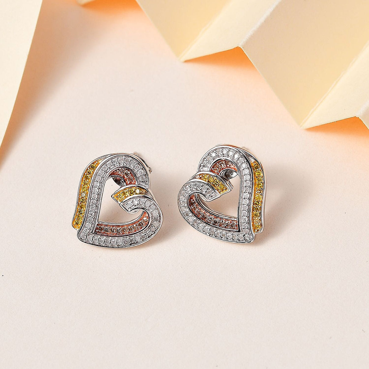 GP Amore Collection - Yellow &amp; Champagne Diamond Heart Earrings  18K Yellow, Rose Gold Vermeil &amp; Platinum Plated Sterling Silver 0.58 Ct 7746685 1