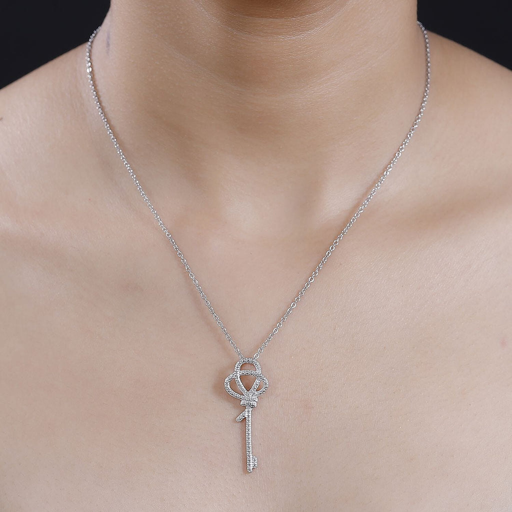 Designer Inspired - Diamond Key Pendant with Chain (Size 20) in Platinum Overlay