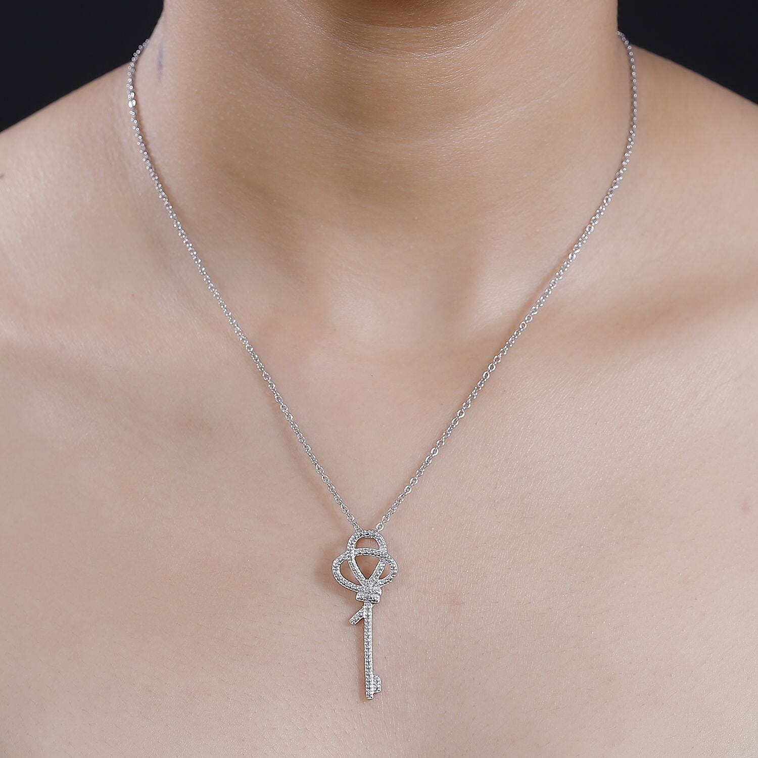 Designer Inspired - Diamond Key Pendant with Chain (Size 20) in Platinum Overlay 4306512 2