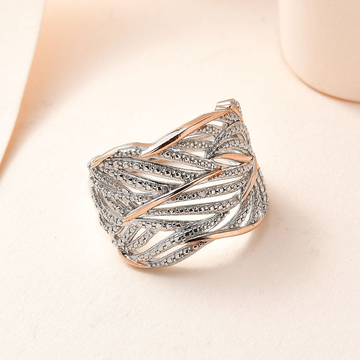 Diamond Criss Cross Ring in 18K Rose Gold Vermeil and Platinum Plated Sterling Silver V32518362 1