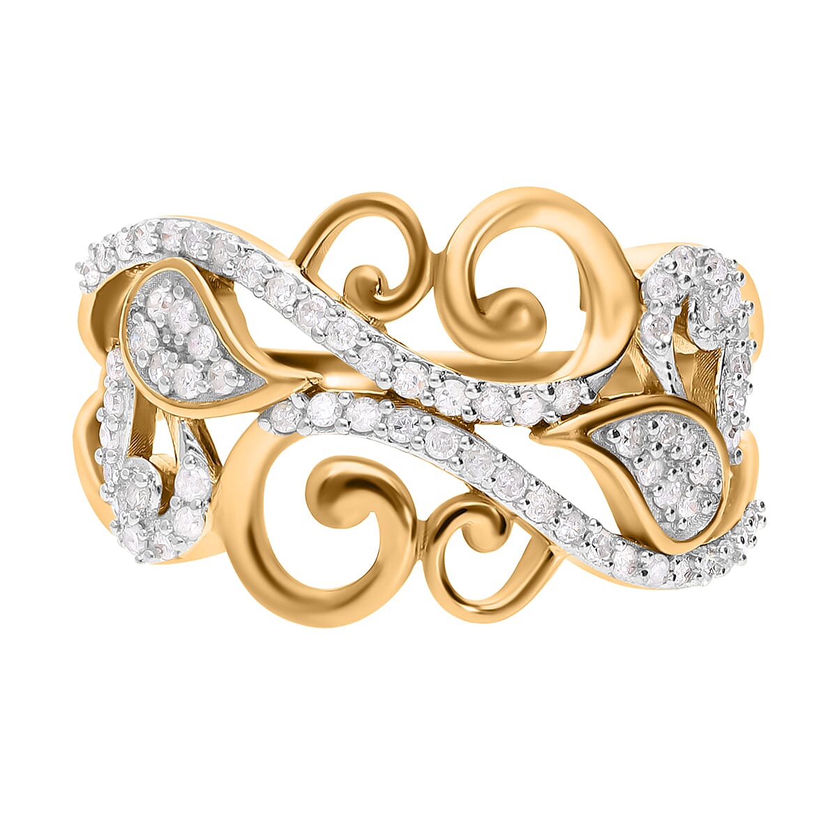 Diamond Scroll Vine with Leaves Ring in 18K Vermeil Yellow Gold Plated Sterling Silver 0.33 Ct 7651235 0