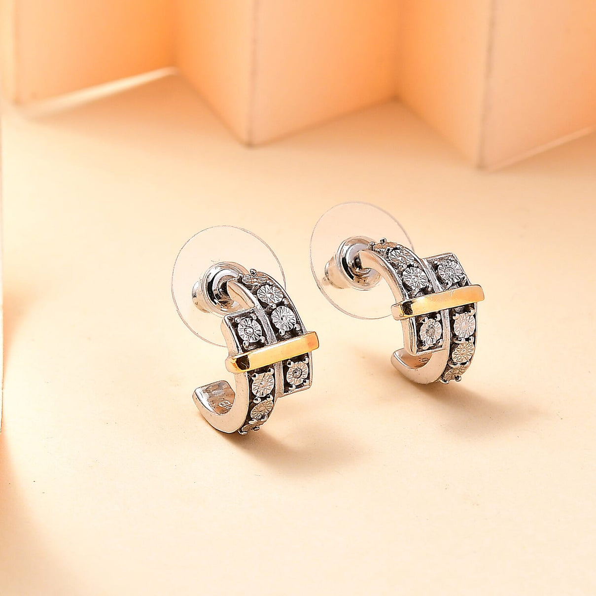 Designer Close Out - Natural White Diamond Earrings Yellow Pen Plating Design Element With Plastic Push Back. 7856706 2